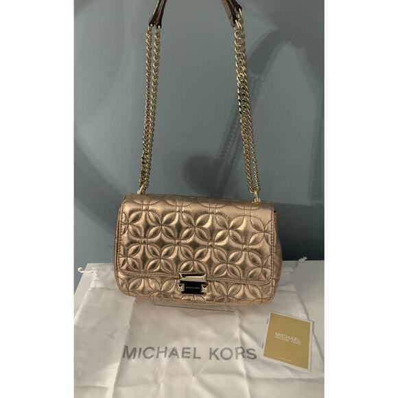 New Michael Kors Sloan Gold Chain Quilted Leather Shoulder Bag Rose Gold Shiny - Picture 16 of 16